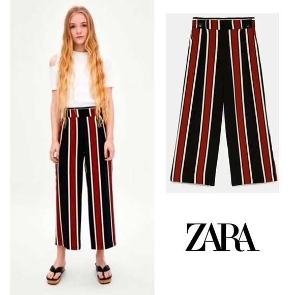 NWT Zara trf Collection Cropped Wide Leg Striped Pants with Button Waist Detail - Picture 1 of 15